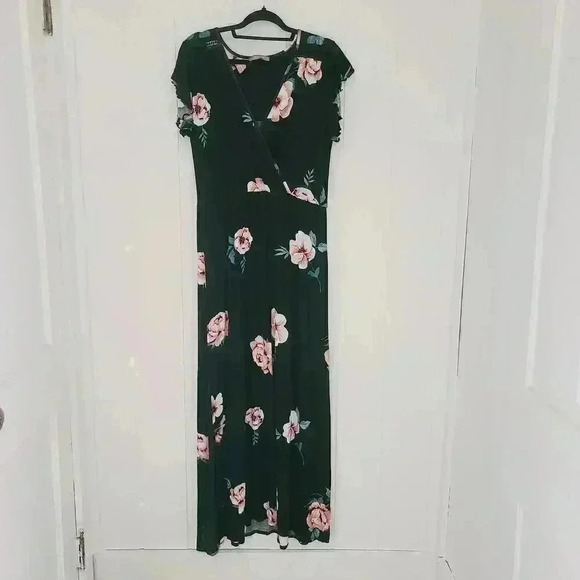 Loveappella Black floral Faux Wrap Maxi Dress Sz XL